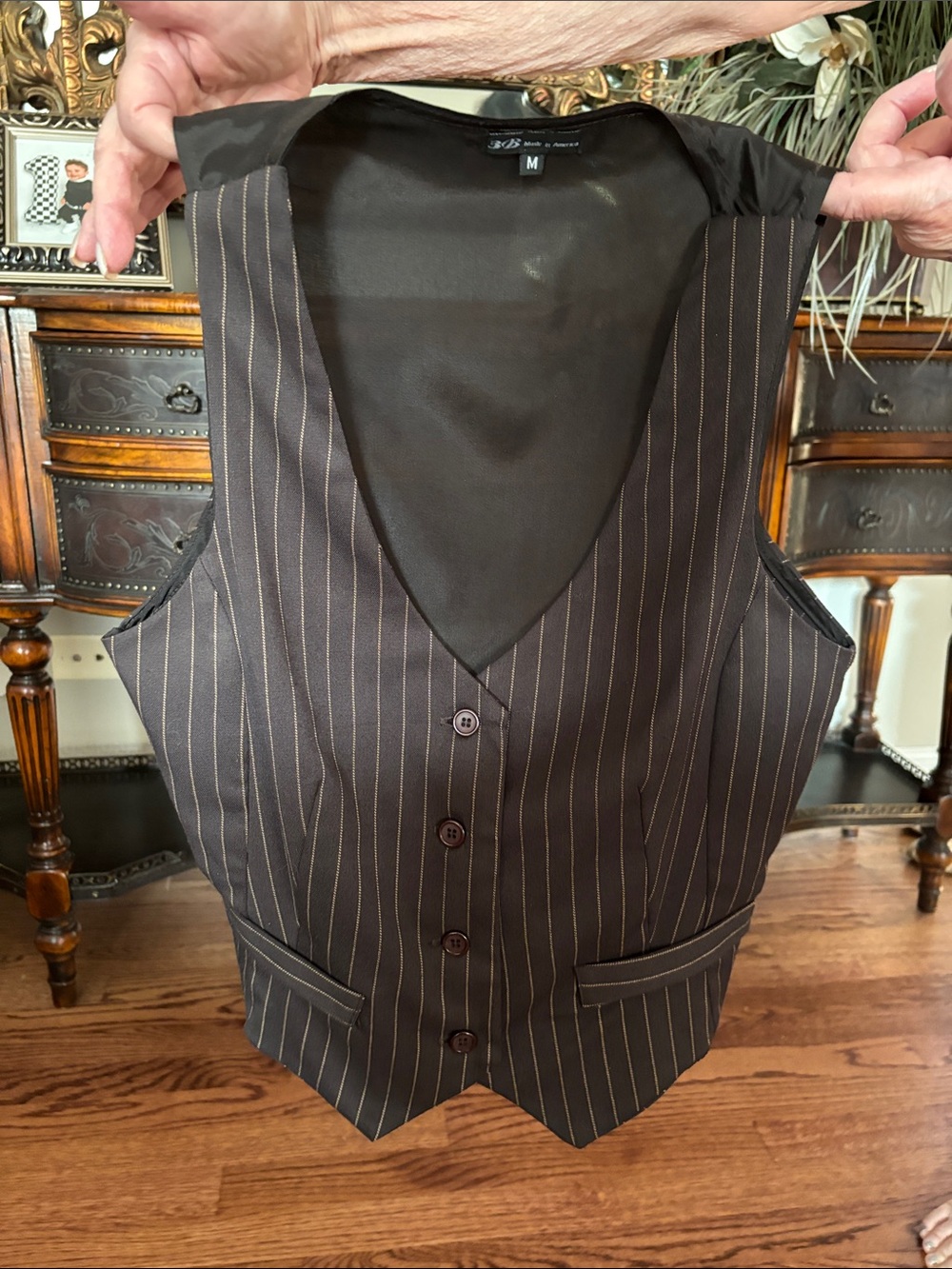 Men's Black Pinstripe Vest with Subtle Tan Stripes - Unbranded